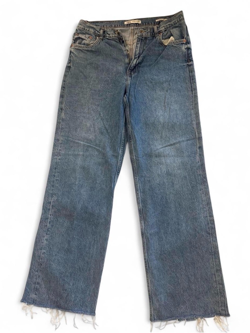 Zara The 90’s Full Length Jeans Size 10 Light Wash Wide Leg Y2K Raw Hem
